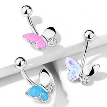 Opal Glitter Butterfly Belly Ring Navel Bar